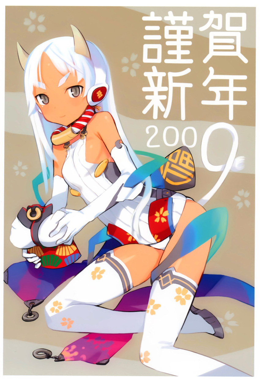 2009 absurdres bare_shoulders boots breasts brown_eyes cow_girl cow_tail dark_skin elbow_gloves eyebrows gloves headphones highres horns leotard long_hair looking_at_viewer original shimada_fumikane sideboob smile solo tail thigh-highs thigh_boots thighhighs white_gloves white_hair white_legwear
