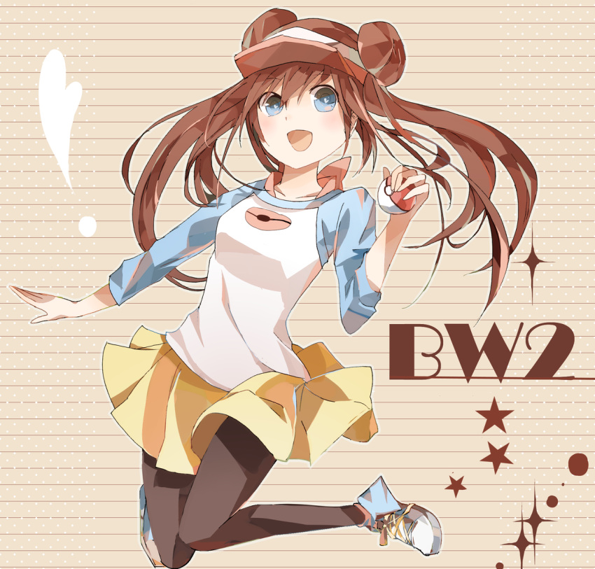 aji77 blue_eyes brown_hair double_bun female_protagonist_(pokemon_bw2) heart heart-shaped_pupils holding holding_poke_ball jumping mei_(pokemon) open_mouth pantyhose poke_ball pokemon pokemon_(game) pokemon_bw pokemon_bw2 raglan_sleeves skirt smile solo symbol-shaped_pupils title_drop twintails