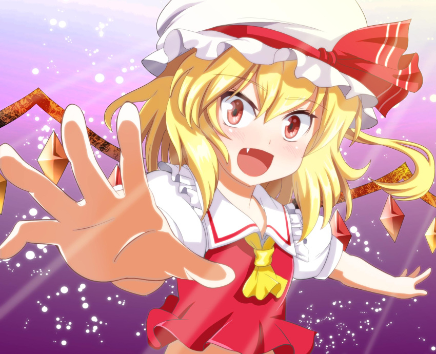 :d ascot blonde_hair blush bust eo_(artist) fang flandre_scarlet hat highres open_mouth outstretched_arms outstretched_hand red_eyes ribbon short_hair side_ponytail smile solo touhou wide-eyed wings