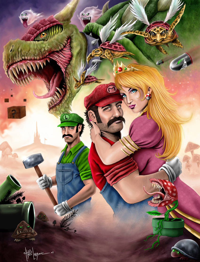 absurdres blue_eyes boo bowser bullet_bill buzzy_beetle crown duplicate eyes facial_hair fangs five-o'-clock_shadow five-o'-clock_shadow flying gloves goomba hat highres hug koopa labrenzink luigi mario mustache open_mouth parakoopa_troopa pipe pipes piranha_plant princess_peach realistic stubble super_mario_bros. teeth turtle turtles warp_pipe wings yellow_eyes