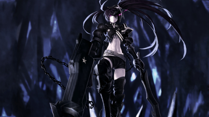 black_hair black_rock_shooter black_rock_shooter_(character) gun insane_black_rock_shooter kuroi_mato long_hair shorts sword weapon