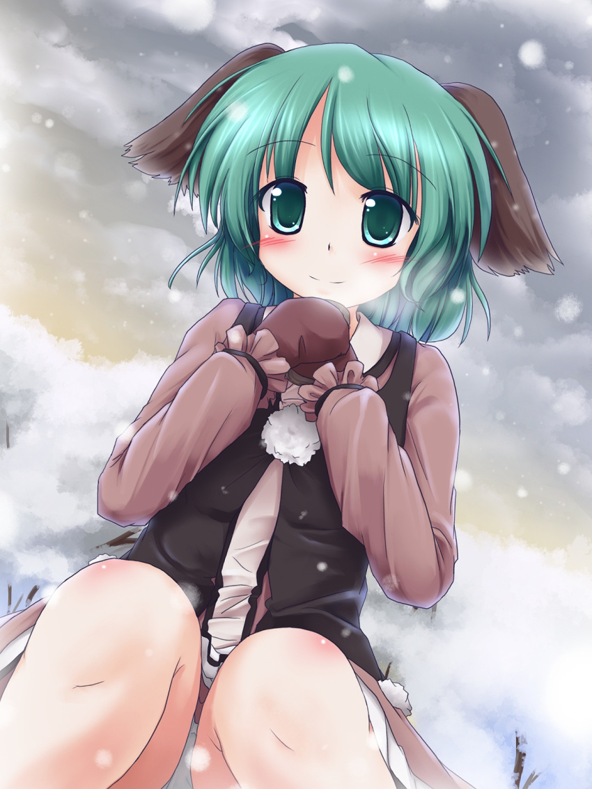 animal_ears blush brown_dress brown_gloves dress gloves green_eyes green_hair hands_on_own_chest highres kasodani_kyouko lzh mittens panties pantsu pantyshot pantyshot_(sitting) pantyshot_sitting pom_pom_(clothes) short_hair sitting sky smile snow snowing solo touhou underwear vest white_panties wild_and_horned_hermit