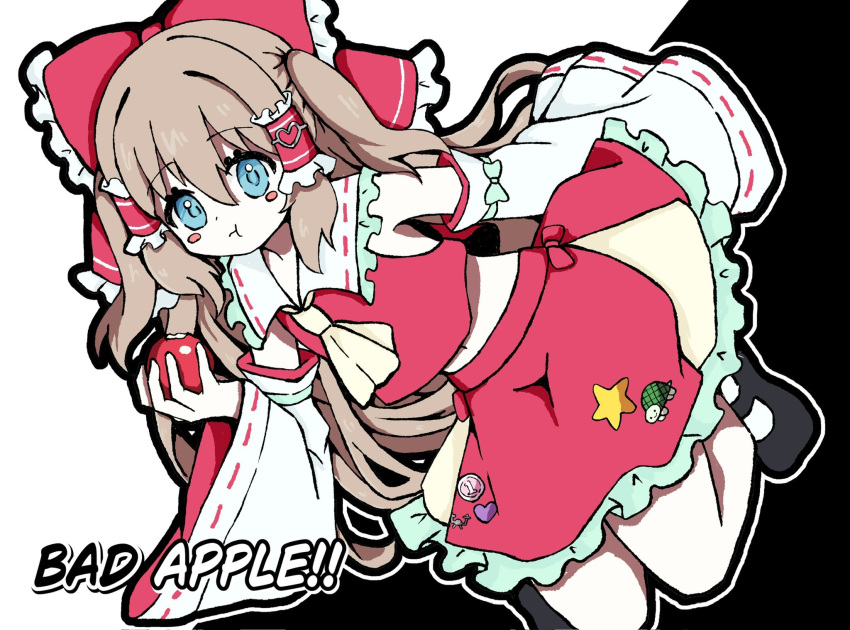 1girl :t apple ascot bad_apple!! black_background black_outline blue_eyes bow brown_hair cosplay detached_sleeves floating food food_bite frilled_bow frilled_hair_tubes frilled_shirt_collar frilled_skirt frills fruit full_body hair_between_eyes hair_bow hair_tubes hakurei_reimu hakurei_reimu_(cosplay) hashtag-only_commentary highres holding holding_food holding_fruit long_hair long_sleeves mary_janes mgmg_mgmg midriff navel neuro-sama outline red_bow red_shirt red_skirt ribbon-trimmed_shirt ribbon-trimmed_sleeves ribbon_trim shirt shoes skirt sleeveless sleeveless_shirt socks solo touhou two_side_up vedal_ai virtual_youtuber white_background white_outline white_socks wide_sleeves yellow_ascot