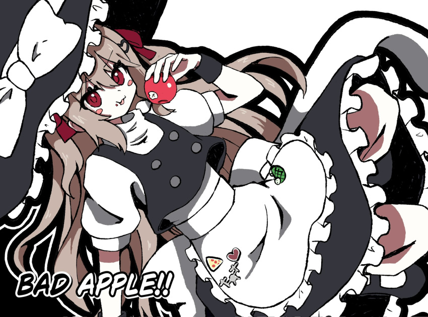 1girl :3 apple apron back_bow bad_apple!! black_background black_outline black_shoes black_skirt black_vest bow broken_heart broken_heart_hair_ornament brown_hair buttons cosplay double-breasted dutch_angle evil_neuro-sama food frilled_apron frilled_hat frills fruit hair_bow hair_ribbon hat heart highres holding holding_food holding_fruit kirisame_marisa kirisame_marisa_(cosplay) knees_up long_hair looking_at_viewer maid_apron mary_janes mgmg_mgmg open_mouth outline puffy_short_sleeves puffy_sleeves red_eyes red_ribbon ribbon shirt shoes short_sleeves skirt solo touhou turtleneck turtleneck_shirt two_side_up v-shaped_eyebrows vedal_ai very_long_hair vest virtual_youtuber white_apron white_background white_bow white_outline white_shirt witch_hat