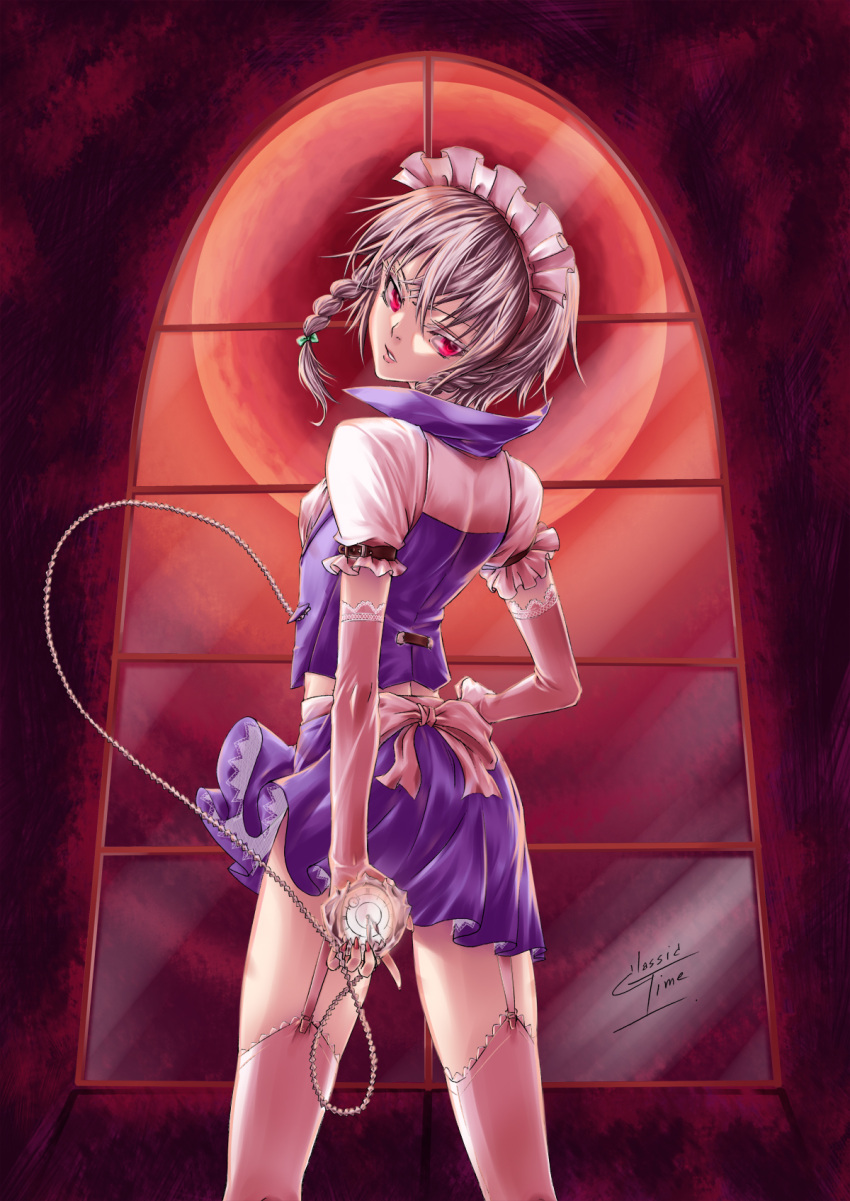 braid chain chains classictime elbow_gloves from_behind garter_straps gloves hair_bow highres izayoi_sakuya looking_back maid_headdress nail_polish pocket_watch red_eyes thigh-highs thighhighs touhou twin_braids watch window