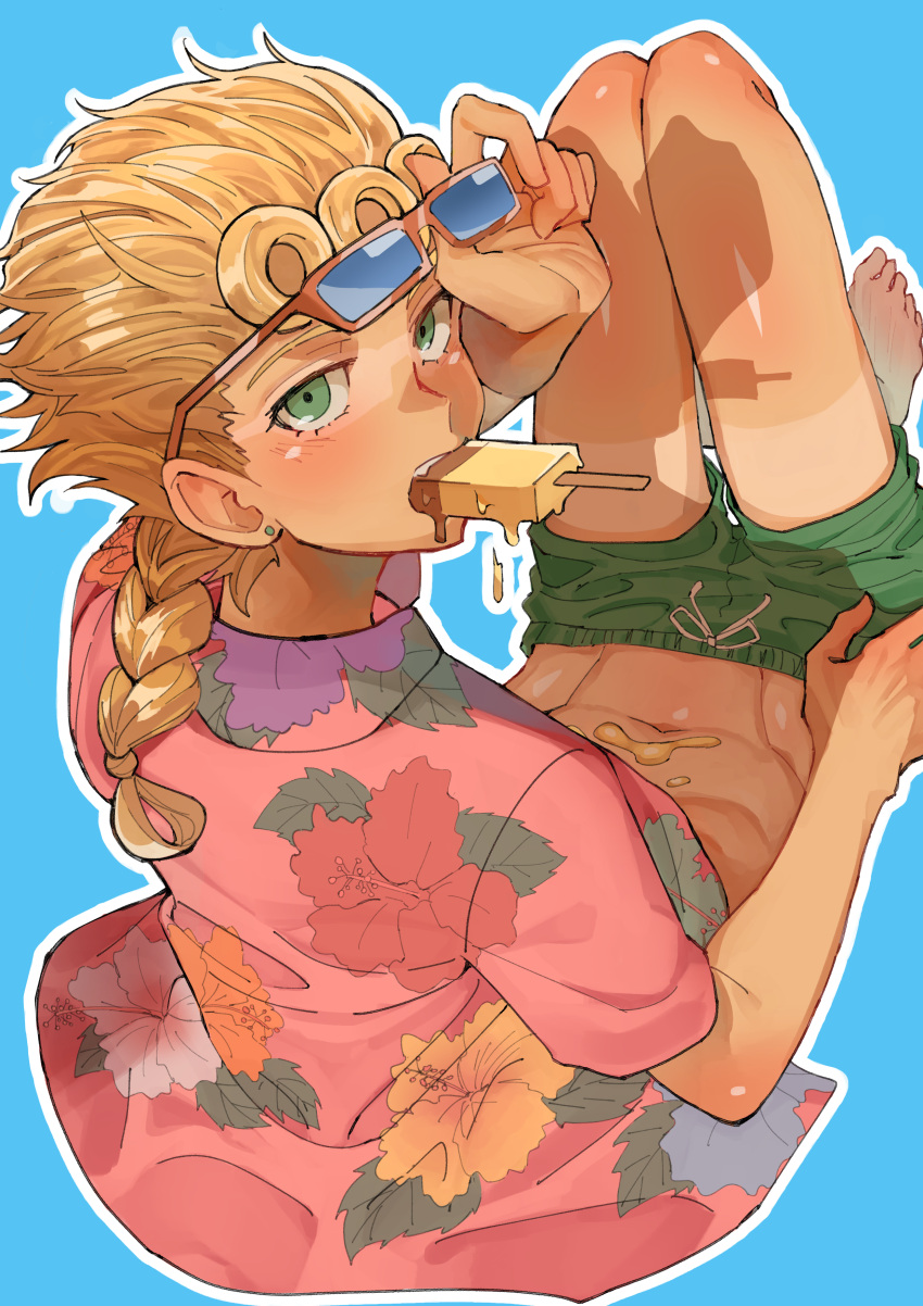 1boy abs absurdres aqua_background blonde_hair blue_flower blush braid braided_ponytail dripping earrings floral_print flower food from_behind full_body giorno_giovanna green_eyes green_shorts highres jenny851016 jewelry jojo_no_kimyou_na_bouken knees_up leaf long_hair looking_at_viewer male_focus midriff navel orange_flower outline pink_shirt ponytail popsicle print_shirt purple_flower red_flower shadow shirt shorts simple_background solo tan tanline vento_aureo white_flower white_outline yellow_flower
