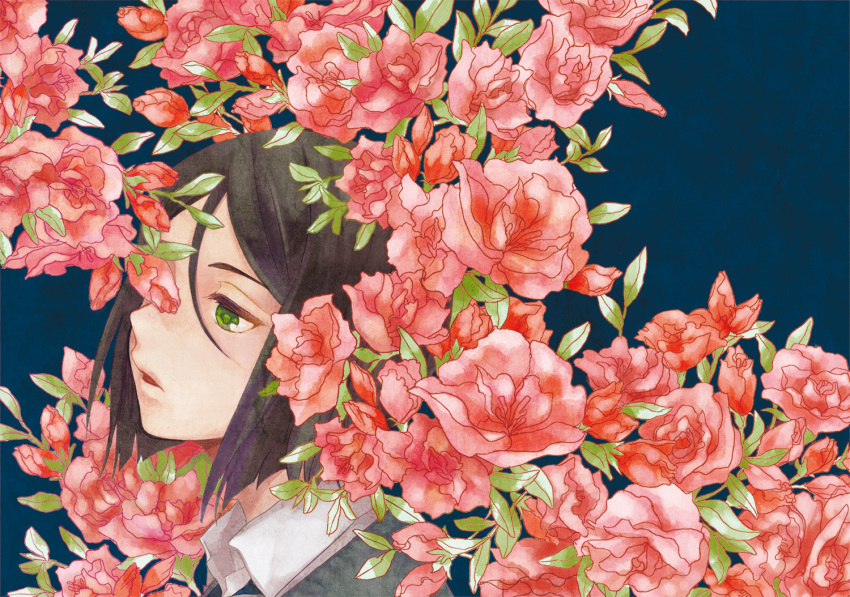 bangs black_hair blue_background bob_cut cachette expressionless fate/zero fate_(series) flower green_eyes male parted_bangs simple_background solo waver_velvet