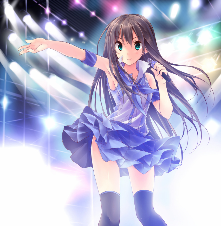 aqua_eyes armband black_hair black_legwear earrings highres idolmaster idolmaster_cinderella_girls jewelry kuwashima_rein long_hair microphone outstretched_arm shibuya_rin skirt smile solo spotlight thigh-highs thighhighs wind_lift