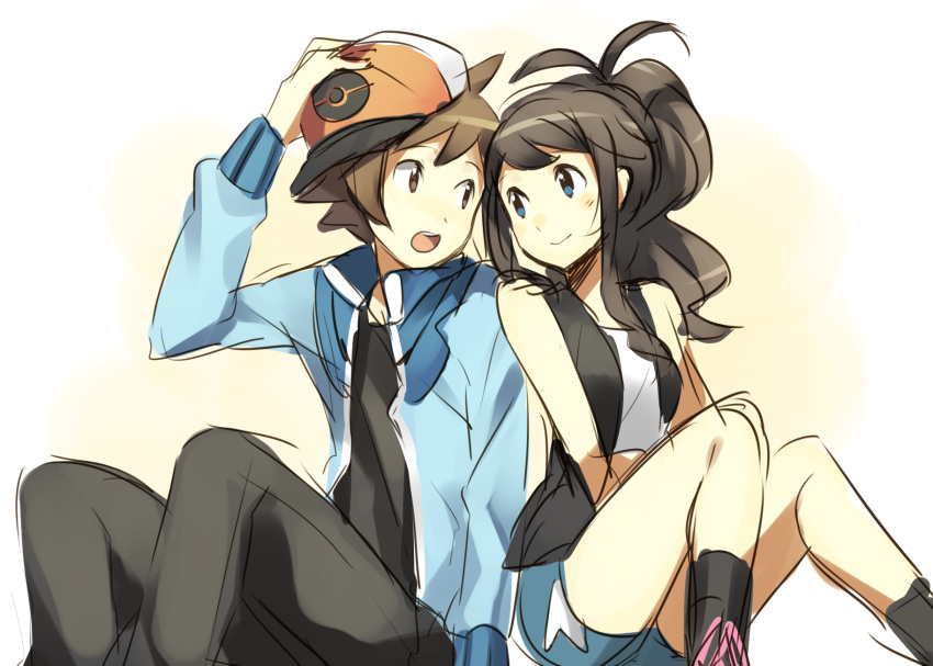 1girl baseball_cap blue_eyes brown_eyes brown_hair couple denim denim_shorts eye_contact hand_on_hat hat hat_removed headwear_removed highres jacket knees_together_feet_apart long_hair looking_at_another open_mouth pokemon pokemon_(game) pokemon_bw ponytail short_hair shorts side-by-side sitting sketch smile touko_(pokemon) touya_(pokemon) vest weee_(raemz)