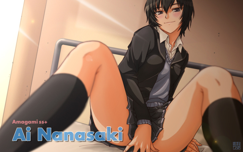 1girl amagami bad_id black_hair blurry blush brown_eyes cardigan covering covering_crotch depth_of_field infirmary nanasaki_ai naughty_face on_bed osomatu-sama school_uniform short_hair sitting skirt smirk solo spread_legs sunlight sweater_vest