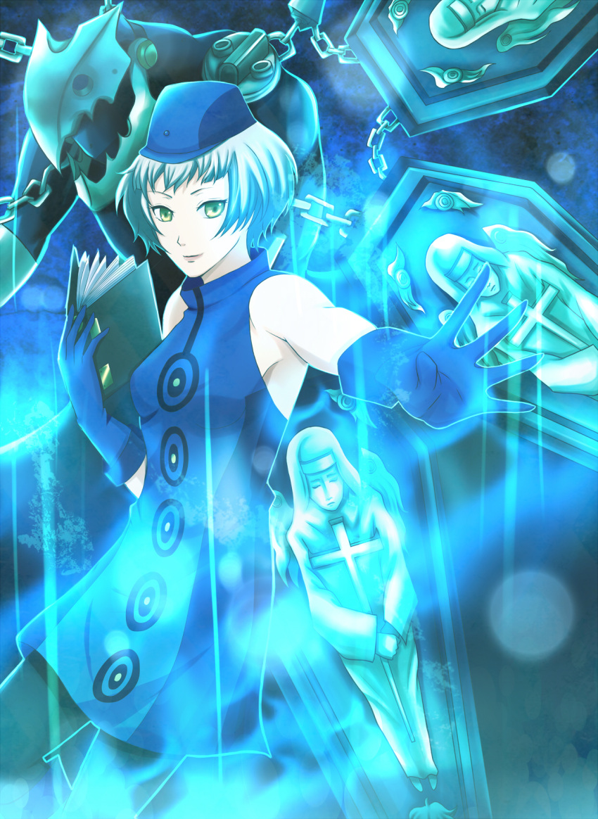 bare_shoulders book chain chains dress elizabeth_(persona) gloves hat highres pantyhose persona persona_3 persona_4:_the_ultimate_in_mayonaka_arena short_hair sleeveless sleeveless_dress smile solo thanatos white_hair yellow_eyes