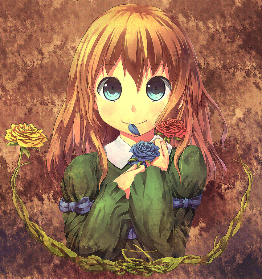 blonde_hair blue_eyes blue_rose flower highres ib mary_(ib) muneyuki ribbon rose smile solo