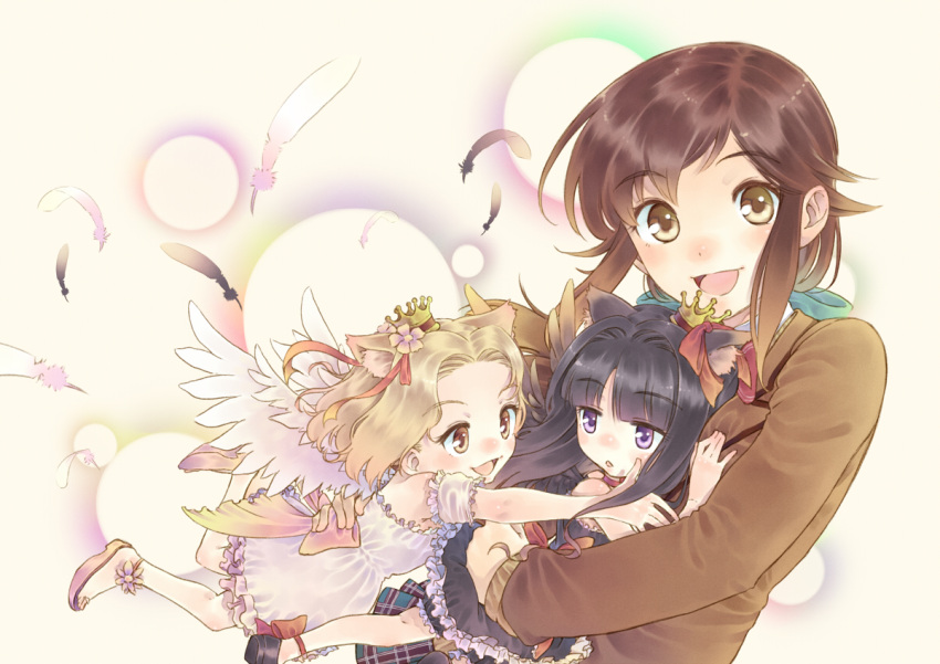 animal_ears black_hair blonde_hair brown_eyes brown_hair cat_ears child crown dress feathers happy hug jacket long_hair multiple_girls original purple_eyes ribbon sandals short_hair t-okada wings