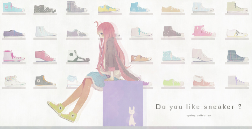 ahoge arm_support bad_id cross-laced_footwear english jacket long_hair meisa orange_legwear pantyhose plaid polka_dot profile red_eyes red_hair redhead sf-a2_miki shoes sitting skirt sneakers solo striped text vertical_stripes vocaloid