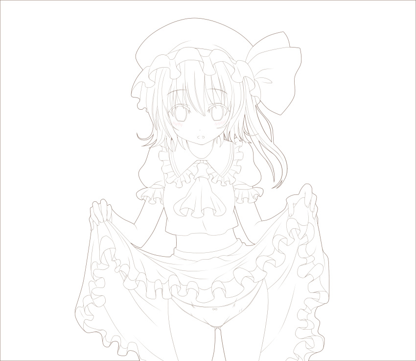 absurdres ascot flandre_scarlet haruki_5050 hat highres lineart looking_at_viewer midriff monochrome panties short_hair side_ponytail skirt skirt_lift solo touhou transparent_background underwear wings