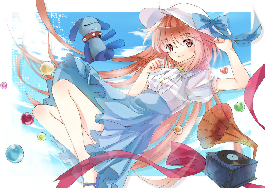 blush brown_eyes brown_hair dog dress elise_(piclic) hanato_kobato hat ioryogi kobato. long_hair open_mouth phonograph smile stuffed_animal stuffed_toy very_long_hair