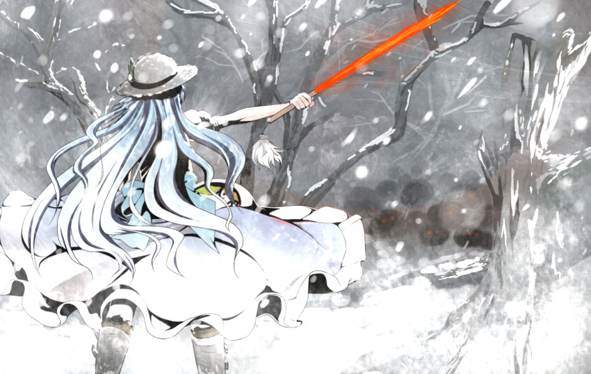 blue_hair excel_(shena) from_behind hat hinanawi_tenshi holding long_hair shadow_people snowing solo sword sword_of_hisou touhou tree weapon