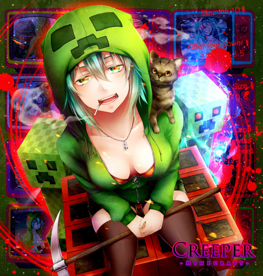 :d bra breasts cat character_name cigarette cleavage creeparka creeper down_blouse english green_eyes green_hair highres jewelry kiriya lingerie looking_at_viewer minecraft necklace open_mouth personification pickaxe red_bra shiny shiny_skin short_hair smile smoking solo thigh-highs thighhighs title_drop tnt underwear zettai_ryouiki