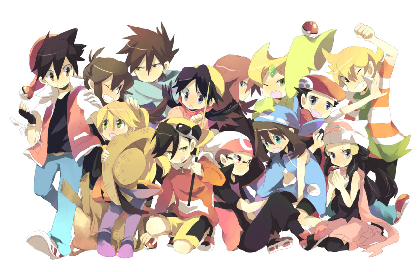 6+boys backwards_hat bandana bandanna baseball_cap blue_(pokemon) boots child children crystal_(pokemon) cue_stick diamond_(pokemon) emerald_(pokemon) everyone fang glasses goggles goggles_on_head gold_(pokemon) grin hand_on_head hat hat_removed headwear_removed holding holding_poke_ball jeans kneeling multiple_boys multiple_girls odamaki_sapphire ookido_green pearl_(pokemon) platinum_berlitz poke_ball pokemon pokemon_special red_(pokemon) ruby_(pokemon) satori silver_(pokemon) sitting skirt smile straw_hat throwing_poke_ball white_background wink yellow_(pokemon)