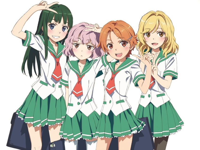 aizawa_natsumi bag blue_eyes brown_eyes green_hair hairclip hanaki_yuka highres long_hair mizukoshi_saki multiple_girls natsuiro_kiseki orange_eyes orange_hair pantyhose school_bag school_uniform serafuku short_hair short_sleeves simple_background skirt smile tamaki_rinko thigh-highs thighhighs v wavy_hair white_background white_legwear white_thigh-highs zettai_ryouiki