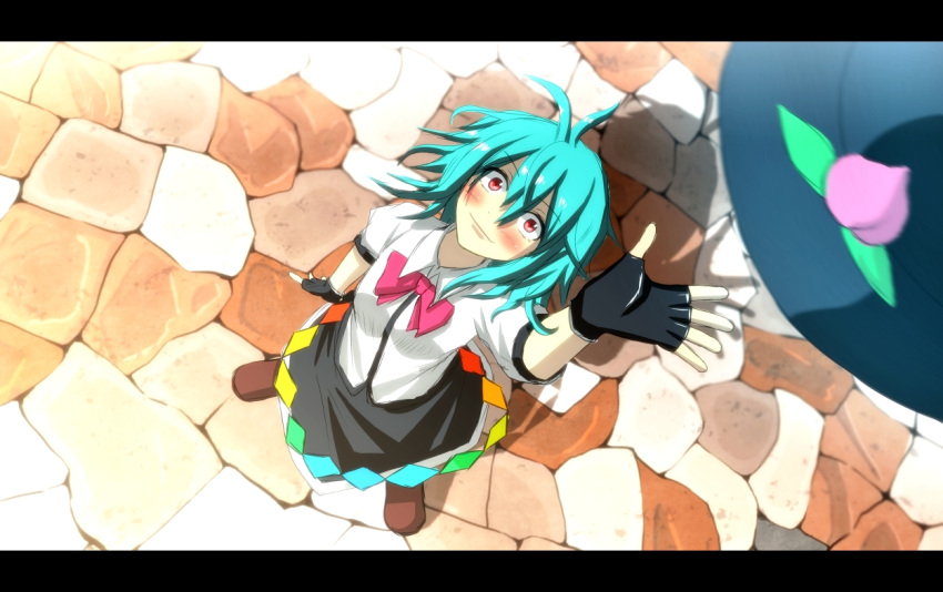 aqua_hair blush bow fingerless_gloves food from_above fruit gloves hat hat_removed headwear_removed hinanawi_tenshi letterboxed peach red_eyes skirt smile solo tomon_(slash0410) touhou