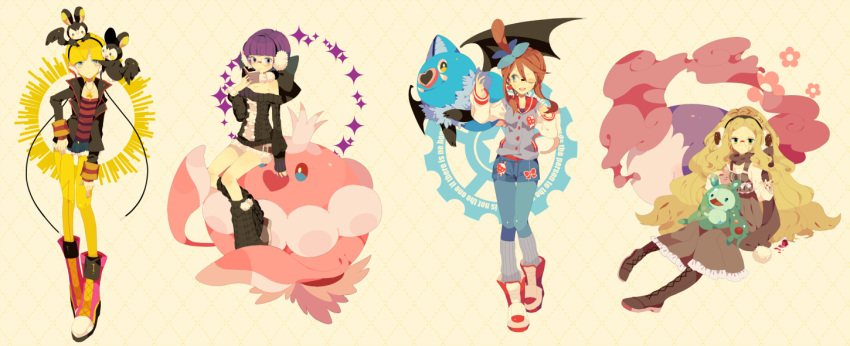 4girls argyle argyle_background bare_shoulders belt bespectacled blonde_hair blue_eyes blue_legwear bob_cut book boots bow cattelya_(pokemon) cattleya_(pokemon) cross-laced_footwear dress earmuffs earrings elite_four emolga fashion fuuro_(pokemon) glasses green_eyes grey_dress gym_leader headphones heart heart_earrings jacket jellicent jewelry kamitsure_(pokemon) lace-up_boots large_bow leg_warmers looking_at_viewer multiple_girls musharna nail_polish necklace off_shoulder open_book pantyhose pokemon pokemon_(creature) pokemon_(game) pokemon_black_and_white pokemon_bw purple_eyes purple_hair reading red_hair redhead reuniclus scarf shikimi_(pokemon) shirt short_hair short_shorts shorts sitting sparkle standing striped striped_shirt sweater swoobat topknot violet_eyes wink yellow_background yellow_legwear yumenouchi_chiharu