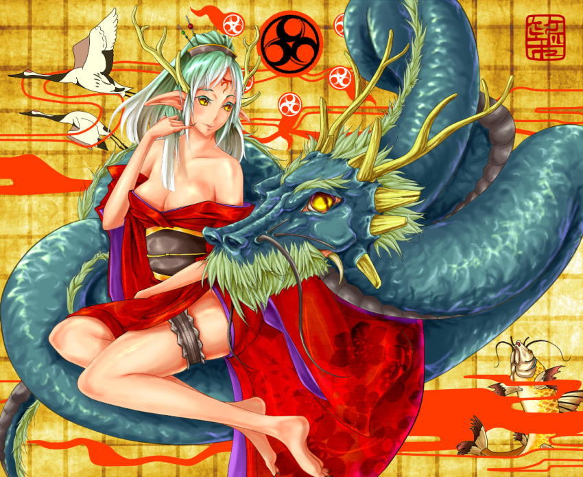 antlers bird chiku_(07152033) chiku_(gesu) dragon dragon_girl fish green_hair horns japanese_clothes kimono koi leg_garter original pointy_ears thigh_garter whiskers yellow_eyes