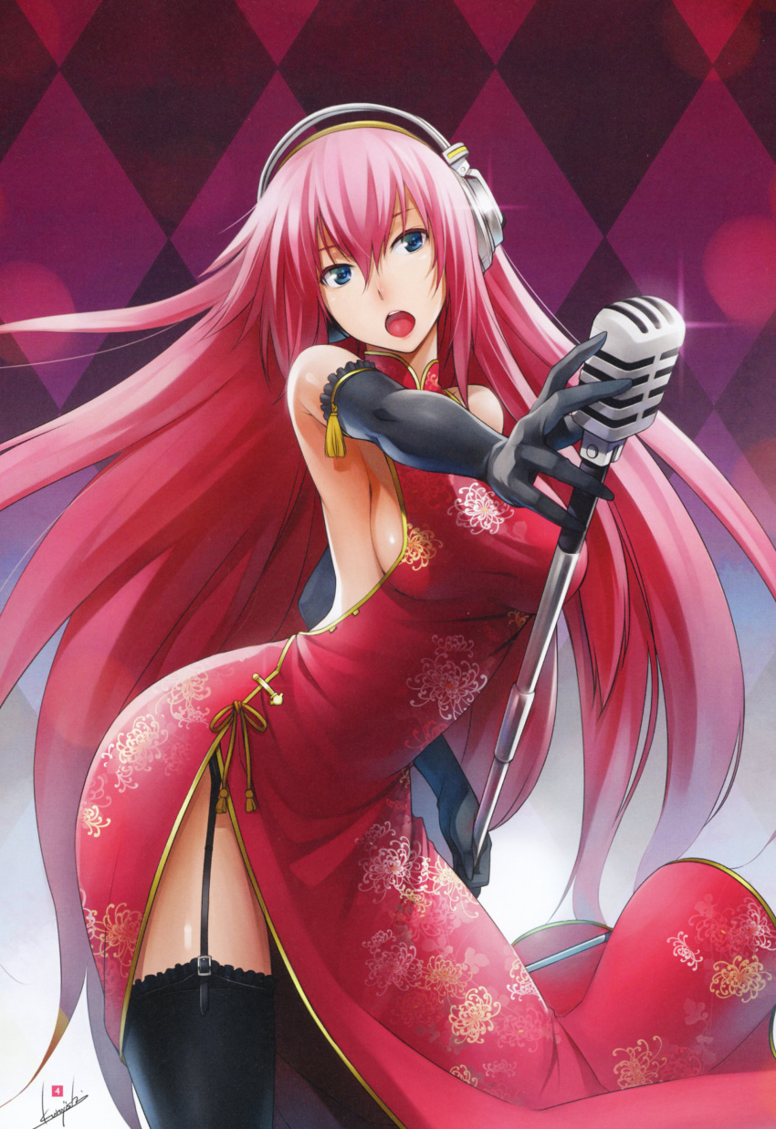 absurdres black_legwear blue_eyes breasts china_dress chinese_clothes chinese_dress elbow_glove elbow_gloves female garter_belt garter_straps gloves headphone highres kurojishi lace lace-trimmed_thighhighs large_breasts legs long_hair megurine_luka microphone open_mouth pink_hair side_slit singing solo source_request thighhighs thighs very_long_hair vintage_microphone vocaloid