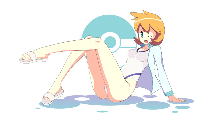 artist_request blue_eyes breasts flipped_hair jacket kasumi_(pokemon) kasumi_(pokemon)_(hgss) leg_up one-piece_swimsuit open_mouth orange_hair poke_ball pokemon pokemon_(game) pokemon_gsc pokemon_hgss sandals short_hair simple_background sitting smile solo southern-panda swimsuit white_background wink
