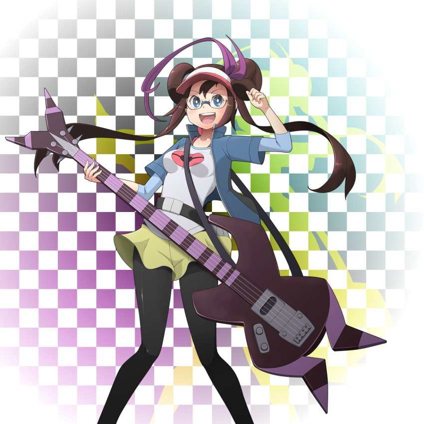 bass_guitar bespectacled blue_eyes brown_hair checkered checkered_background double_bun electric_guitar female_protagonist_(pokemon_bw2) glasses guitar highres instrument jinteitei mei_(pokemon) pantyhose pokemon pokemon_(game) pokemon_bw2 raglan_sleeves shorts twintails visor_cap