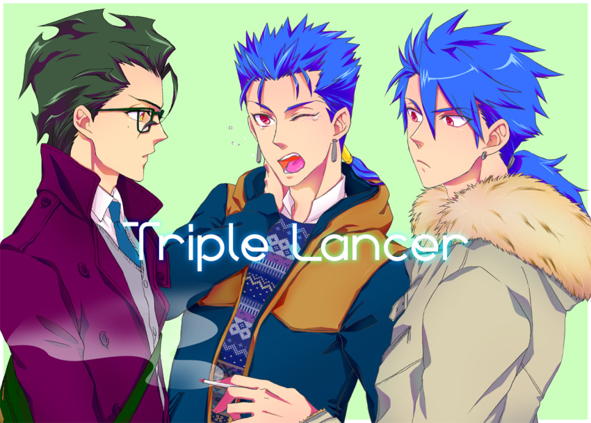 ahoge bespectacled black_hair blue_hair casual cigarette coat crossover edozakura fang fate/prototype fate/stay_night fate/zero fate_(series) glasses green_background green_hair lancer lancer_(fate/prototype) lancer_(fate/zero) long_hair male multiple_boys ponytail red_eyes smoke wince