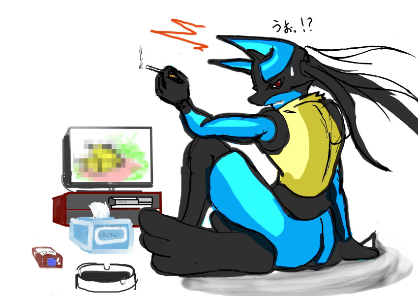 !? absurdres ashtray censored cigarette coo2 highres identity_censor lucario no_humans pokemon red_eyes solo tissue_box watching_television
