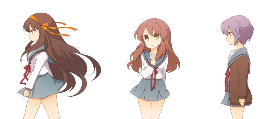 alternate_hairstyle asahina_mikuru brown_eyes brown_hair cardigan glasses grey_hair hair_ribbon kinokosuke long_hair multiple_girls nagato_yuki ribbon school_uniform serafuku suzumiya_haruhi suzumiya_haruhi_no_yuuutsu