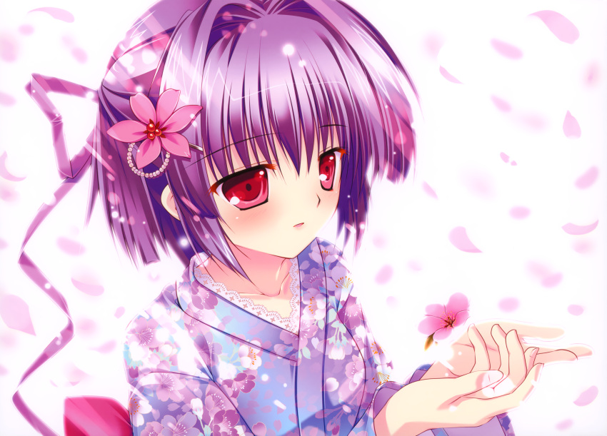 close flower flowers highres japanese_clothes mikeou original petals pink_chuchu purple_hair red_eyes