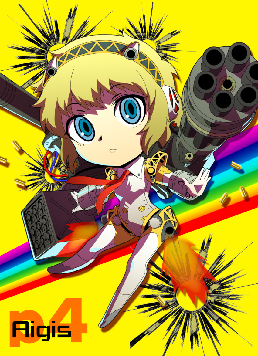 :&lt; aegis armor bad_id blonde_hair blue_eyes bullet character_name chibi cyborg expressionless hairband highres legs lips necktie persona persona_3 persona_4:_the_ultimate_in_mayonaka_arena persona_4_the_ultimate rainbow robot_joints short_hair simple_background solo title_drop weapon yamizawa yellow_background