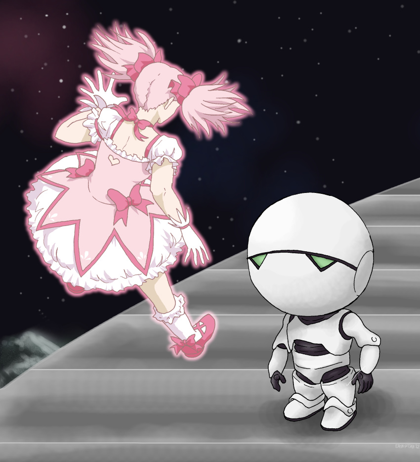 1girl absurdres bow crossover dress floating from_back gloves highres kaname_madoka magical_girl mahou_shoujo_madoka_magica marvin_the_paranoid_android pink_hair robot sailorptah shoes socks space the_hitchhiker's_guide_to_the_galaxy the_hitchhiker's_guide_to_the_galaxy twintails