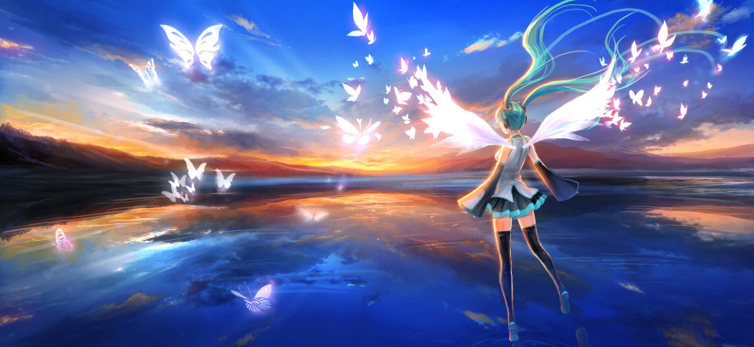 aqua_hair bad_id boots butterfly detached_sleeves floating_hair hatsune_miku highres long_hair necktie pcw skirt sky solo thigh-highs thigh_boots thighhighs twintails vocaloid wings