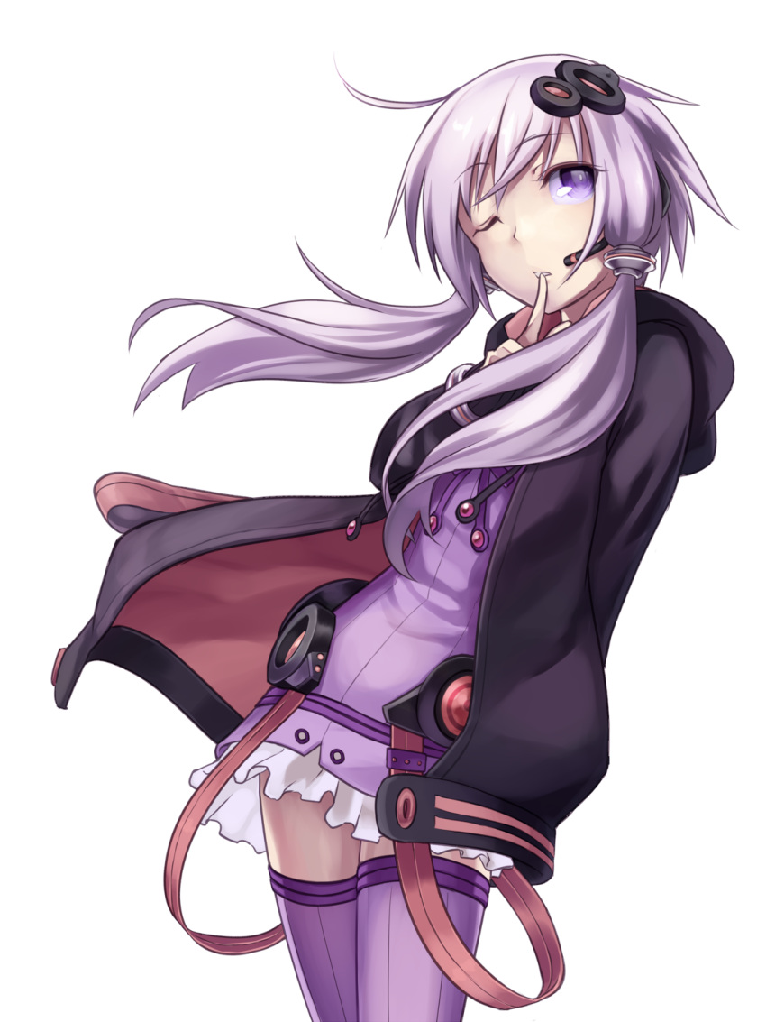 ahoge bad_id hair_ornament highres hooded_jacket jacket looking_at_viewer nakasaki_hydra purple_eyes purple_hair purple_legwear simple_background solo thigh-highs thighhighs transparent_background umbrella80cm vertical-striped_legwear vertical_stripes violet_eyes vocaloid wink yuzuki_yukari zettai_ryouiki