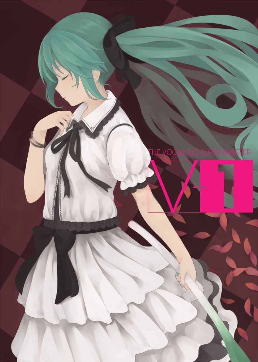 checkered checkered_background closed_eyes dress eyes_closed green_hair hatsune_miku highres long_hair nnyu solo spring_onion vocaloid