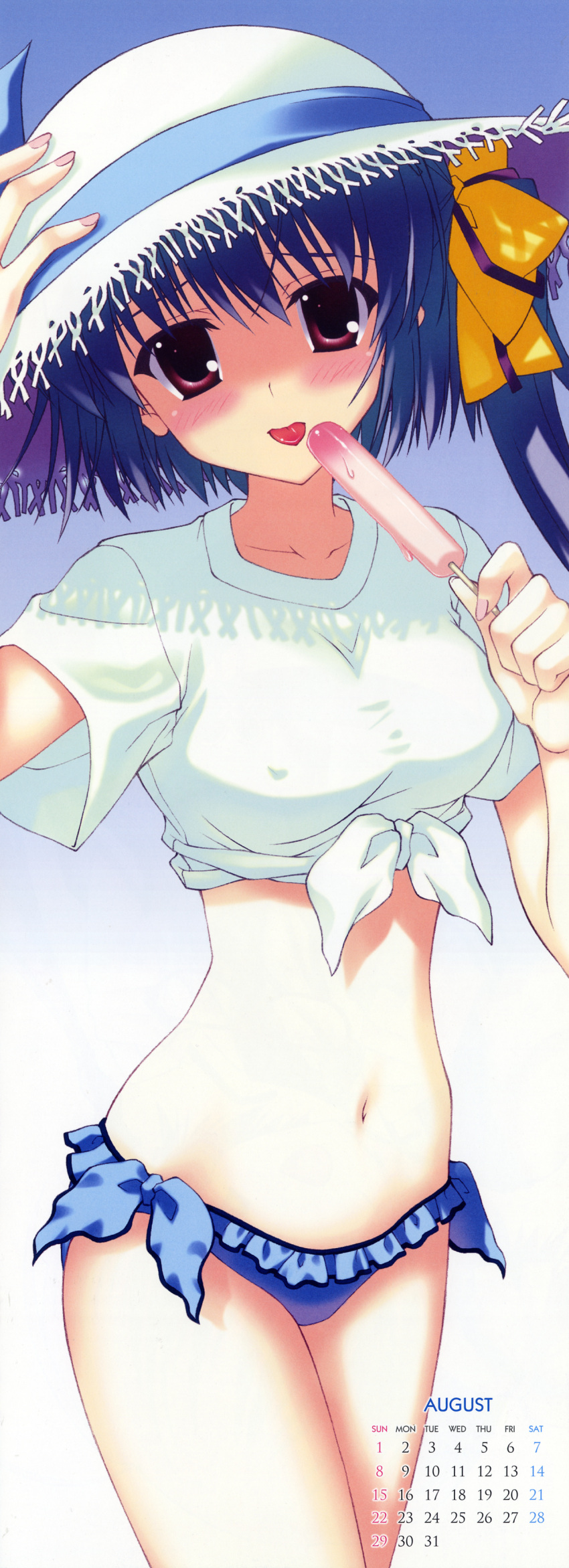 absurdres bikini_bottom blue_hair blush brown_eyes calendar copyright_request erect_nipples frills front-tie_top hat highres long_hair long_image midriff nanao_naru navel popsicle short_hair side_ponytail solo stick_poster tall_image taut_shirt tied_shirt tongue