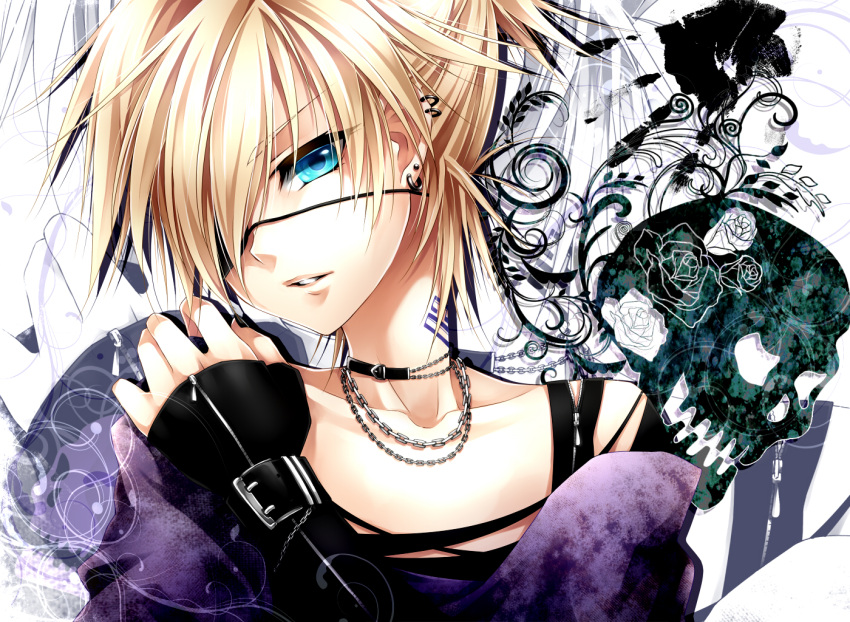 1boy androgynous blonde_hair blue_eyes collarbone earrings eyepatch flower gloves hair_over_one_eye jewelry kagamine_len male nail_polish necklace off_shoulder skull trap ueno_tsuki vocaloid