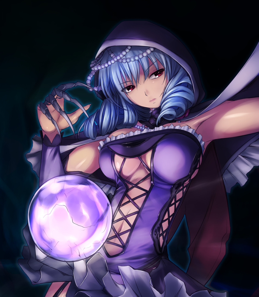 amei_sumeru breasts cape claw_(weapon) cleavage drill_hair expressionless garter_straps highres lavender_hair navel orb pearl red_eyes simple_background skirt solo soul_calibur soulcalibur soulcalibur_v viola viola_(soulcalibur)