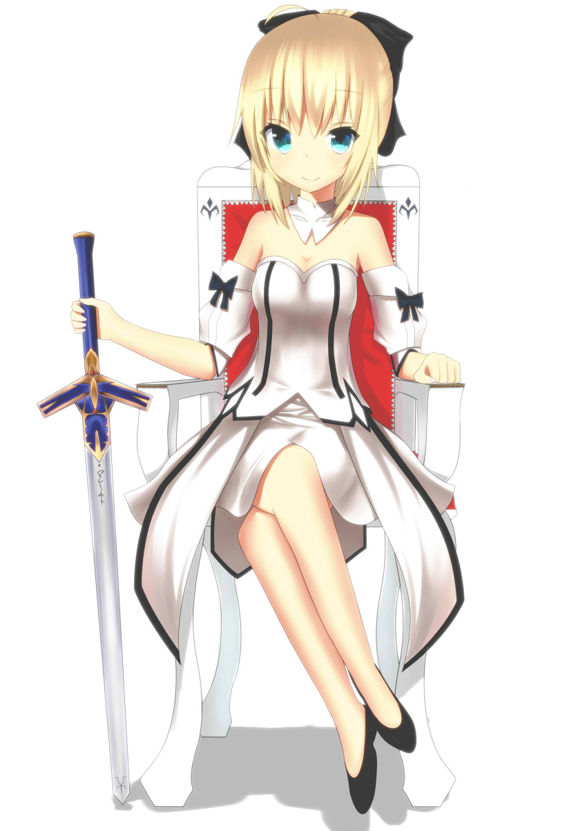 absurdres ahoge aqua_eyes bare_shoulders blonde_hair bow caliburn crossed_legs detached_sleeves dress fate/stay_night fate/unlimited_codes fate_(series) hair_bow highres long_hair morinaoekaki planted_sword planted_weapon ponytail saber saber_lily sitting slippers solo sword weapon