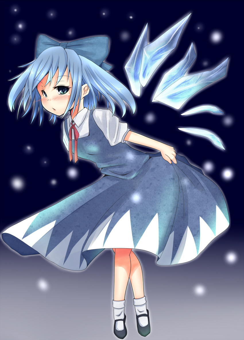 blue_eyes blue_hair blush bow cirno crossed_legs_(standing) dress hair_bow highres ice leaning_forward snow socks solo tiptoes touhou waikei_(yk) wings ykossan_(movile)