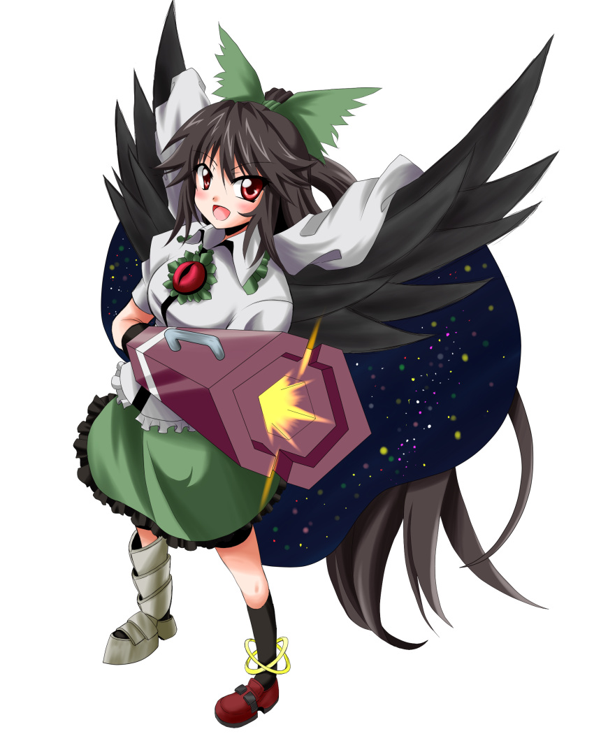 asymmetrical_clothes black_hair bow eyes hair_bow hair_ribbon highres hirayama-h long_hair mismatched_footwear open_mouth red_eyes reiuji_utsuho ribbon smile touhou transparent_background wings