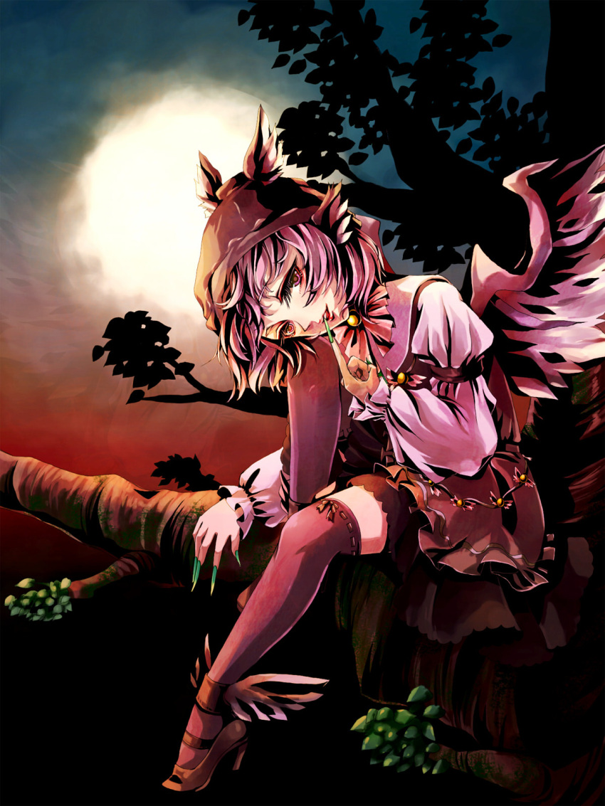 awa_toka bad_id black_legwear eyelashes finger_to_mouth fingernails hat high_heels highres in_tree legs long_fingernails moon mystia_lorelei pink_hair red_eyes shoes short_hair sitting sitting_in_tree solo thigh-highs thighhighs touhou tree wings zettai_ryouiki