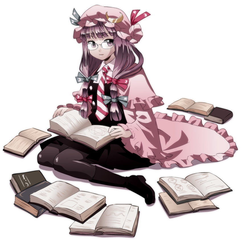book glasses hat highres long_hair necktie pantyhose patchouli_knowledge purple_eyes purple_hair so-shi solo touhou transparent_background violet_eyes