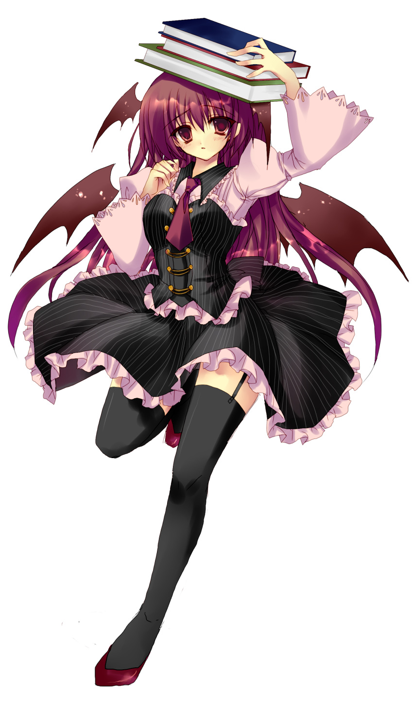 bad_id black_legwear black_thighhighs blush book dress garter_belt garter_straps highres kiseri_momo koakuma long_hair necktie red_eyes red_hair redhead solo thigh-highs thighhighs touhou transparent_background wings zettai_ryouiki