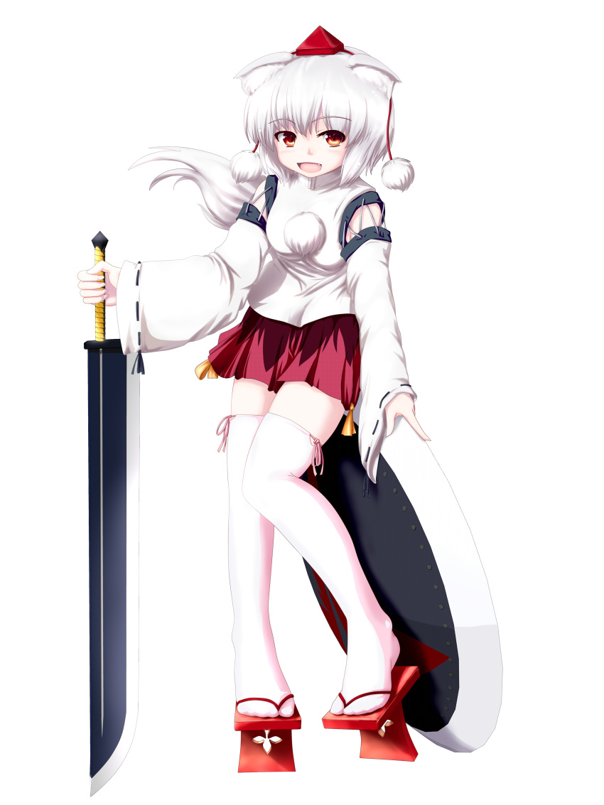 absurdres animal_ears bad_id blush chipika detached_sleeves geta hat highres inubashiri_momiji japanese_clothes kimono open_mouth red_eyes shield short_hair silver_hair smile solo sword tengu-geta thigh-highs thighhighs tokin_hat touhou transparent_background weapon wolf_ears