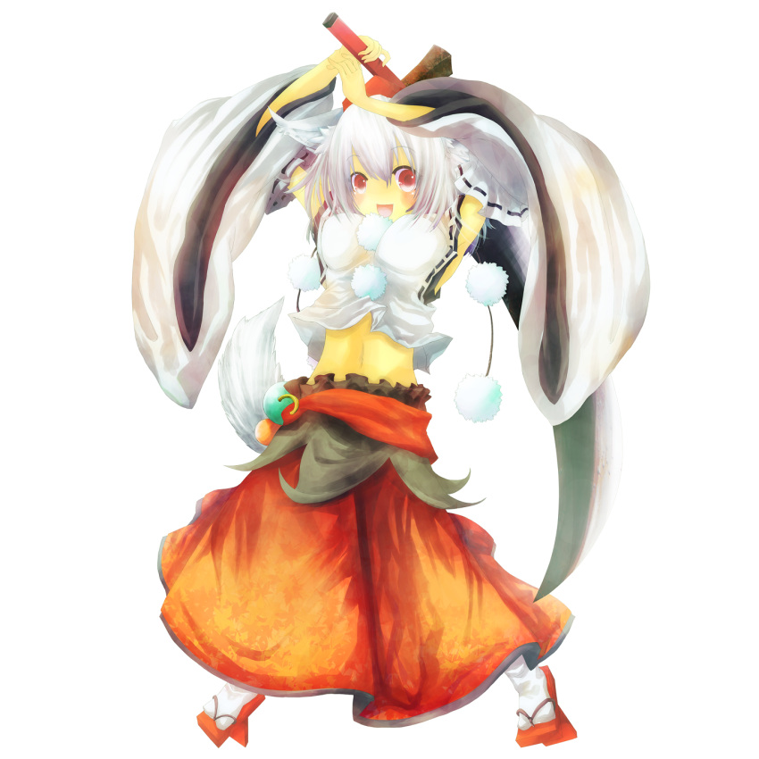 breasts detached_sleeves dog_ears highres inubashiri_momiji muso-comet navel red_eyes short_hair touhou transparent_background white_hair wolf_ears